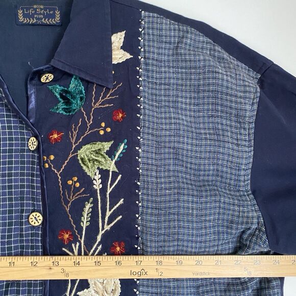 Life Style Patchwork Linen Jacket 1X Navy Floral Embroidered Cottage Boho Granny - Picture 5 of 10